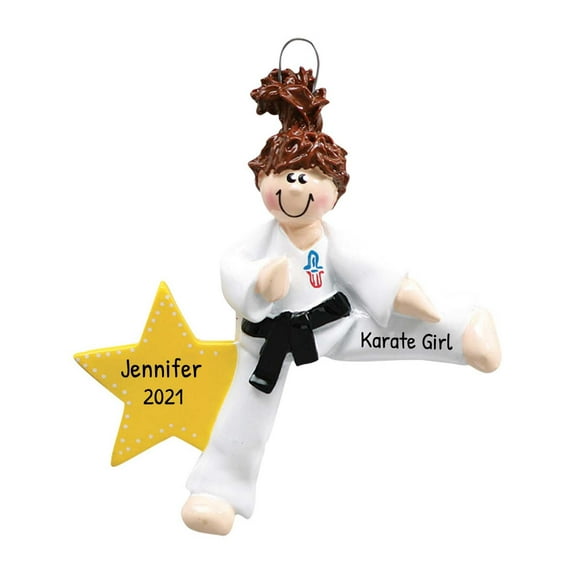 Personalized Martial Arts Ornament - Karate Ornaments for Christmas Tree, Taekwondo Ornament, Jiu Jitsu Ornament, Judo Gifts, Sensei Gifts, Karate Gifts - Brunette Girl Kick - Free Customization