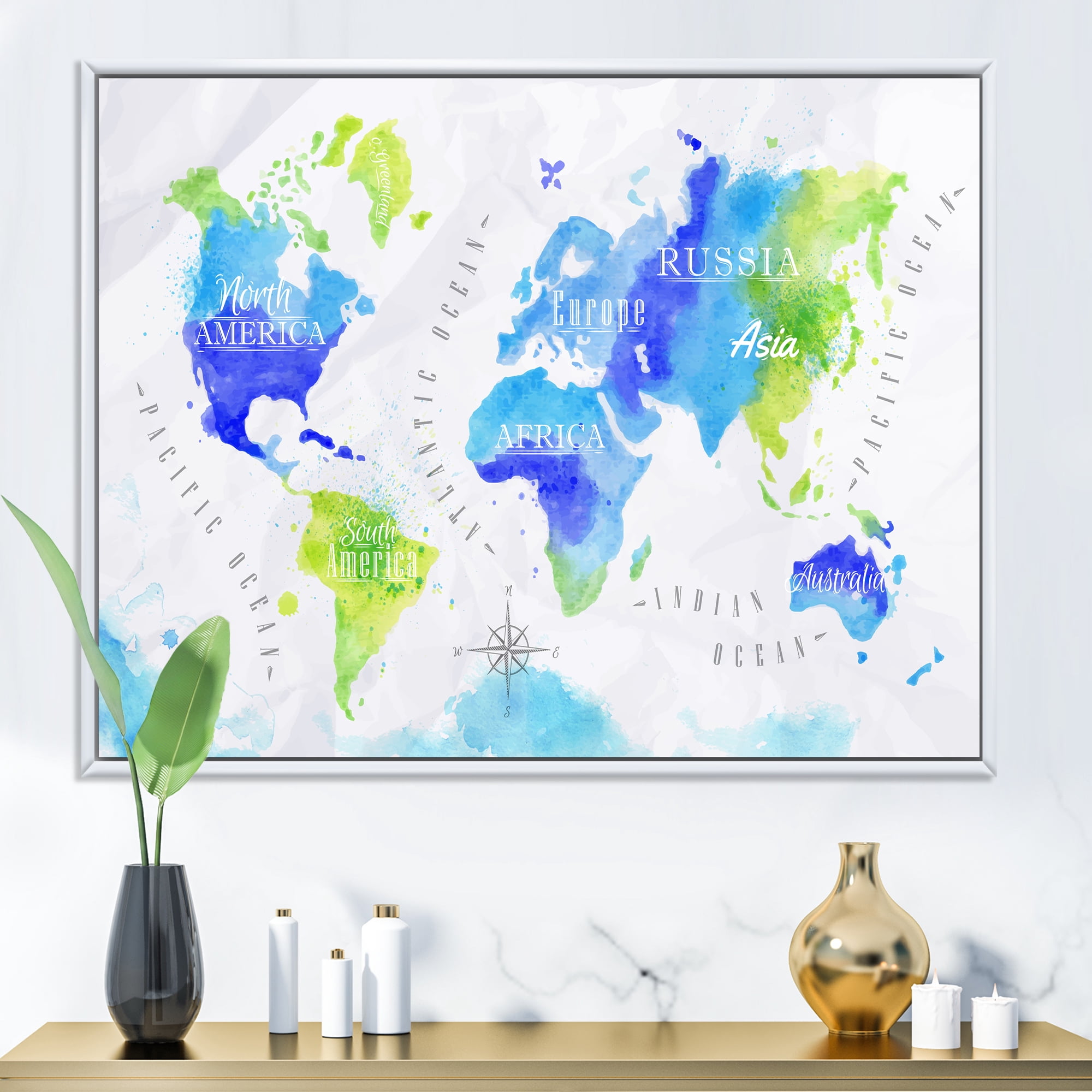 Designart 'World Map In Blue and Green' Modern Framed Canvas Wall Art Print