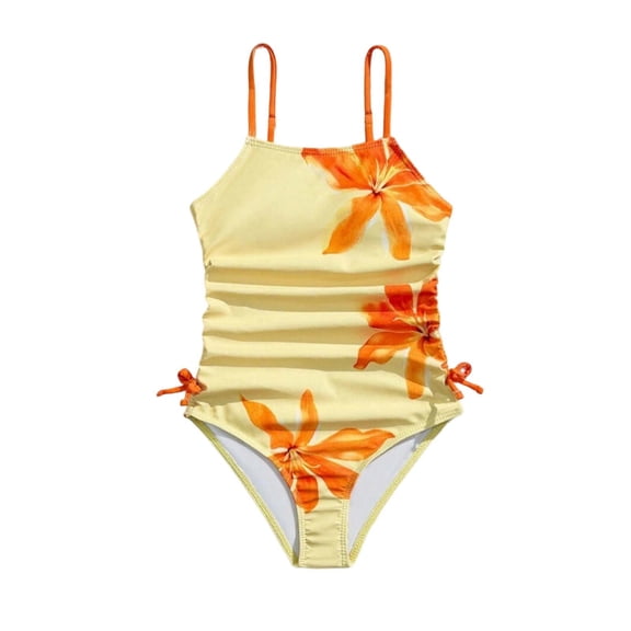 Girls Swimsuit Pleated Swimsuit Childrens Girls Printed Swimming Suit with Abdominal Pleats Modest Performance Bathing Suit for Girls 7-14Y