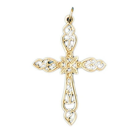 14K Yellow Gold Floral Cross Pendant - 39 mm