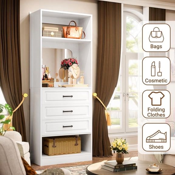 Homieasy 25'' Freestanding Closet System with 3 Drawers and Mirror for Closet, Bedroom, White