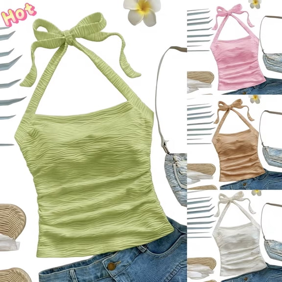 Taqqpue Halter Tops for Women Backless Lining Sleeveless Y2k Tie Back Tank Top Beach Vacation T Shirts Summer Solid Color Crop Cami Tops S-XL