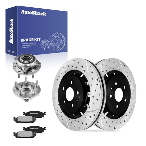 AutoShack Front Vented Drilled & Slotted E-Coated Brake Rotors   Ceramic Pads   Hub Bearing Assembly 8-PC Brake Kit Replacement for 2017-2019 Ford Flex 2012 Ford Flex ShadowGuard 13.86" (352 mm)