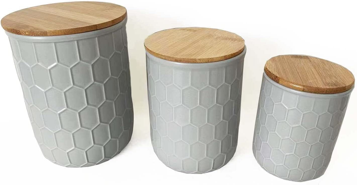 First of a Kind Kitchen Canisters Gray Stoneware Canisters with Bamboo Lids, Set of 3 Storage