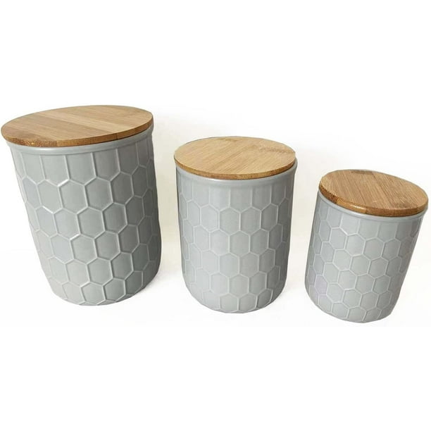 First of a Kind Kitchen Canisters Gray Stoneware Canisters with Bamboo Lids, Set of 3 Storage