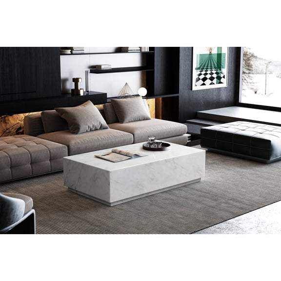 Homestock Handcrafted Haven Rectangle Coffee Table White Marble High Gloss, With Casters