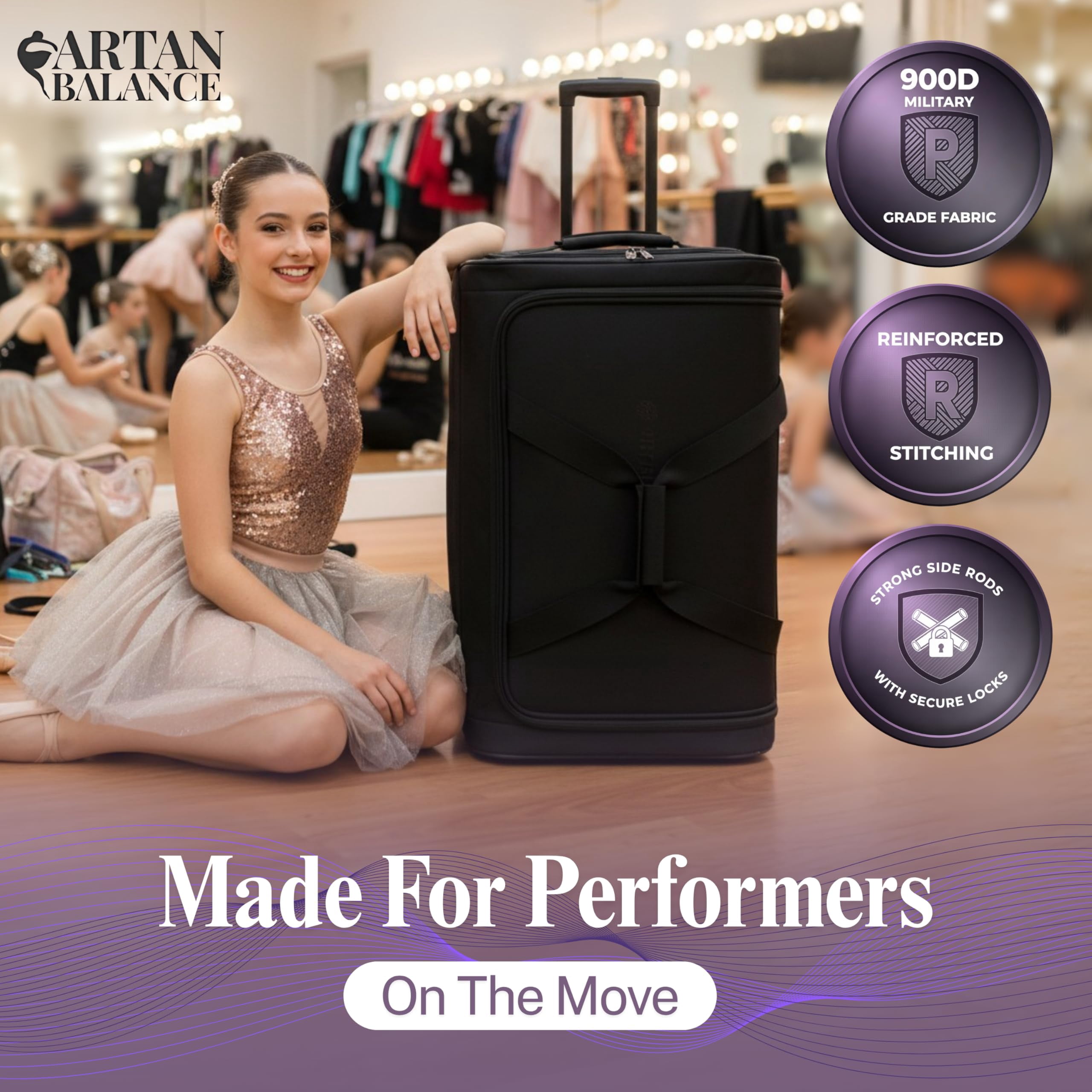 Dance Duffle Bag with Garment Rack 28" – Rolling Dance Competition Bag for Shows, Travel and Performances – Collapsible Dance Suitcase with Portable Trolley and Storage Pockets