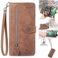 thumbnail image 1 of Nalacover Wallet Case for iPhone 14 Plus, Embossed Pattern Design Zipper Pocket Handbag Wrist Strap Premium PU Leather Flip Cover with Card Slots Holder Magnetic Clasp Kickstand Case,Brown, 1 of 13