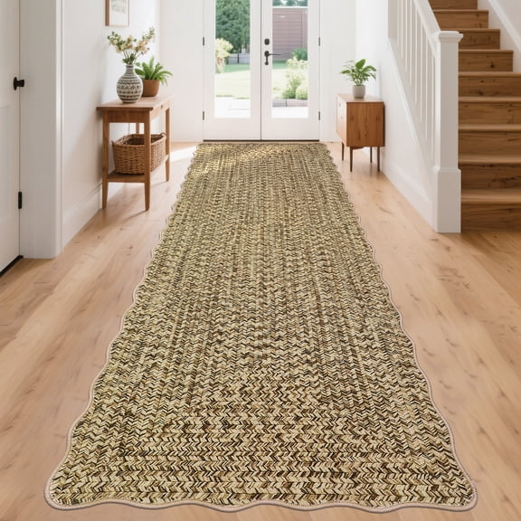 HIWEAVER Beige 2′ x 8′ Scalloped Edge Faux Braided Print Washable Area Rug for Living Room Non-Slip Accent Indoor Carpet Neutral Modern Farmhouse Minimalist Floor Mat for Bedroom