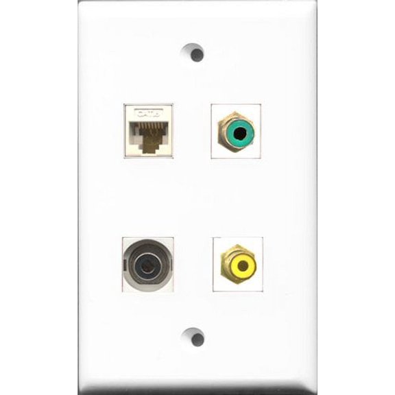 RiteAV 1 Port RCA Yellow and 1 Port RCA Green and 1 Port 3.5mm and 1 Port Cat6 Ethernet White Wall Plate