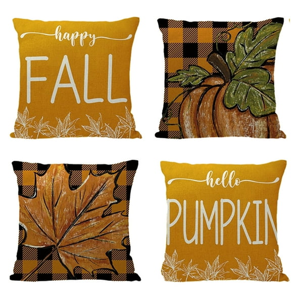 Fall Pillow Covers 18x18 Set of 4,Buffalo Plaid Pumpkin Maple Leaf Hello Fall Throw Pillow Covers Decorative Happy Harvest Farmhouse Fall Autumn Thanksgiving Cushion Case Decoration for Home