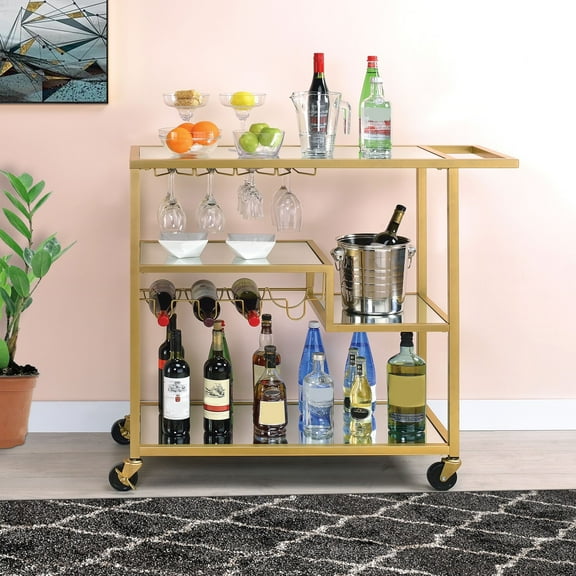 Benzara Metal Framed Serving Cart with Wine Bottle Holder and Stemware, Gold and Clear