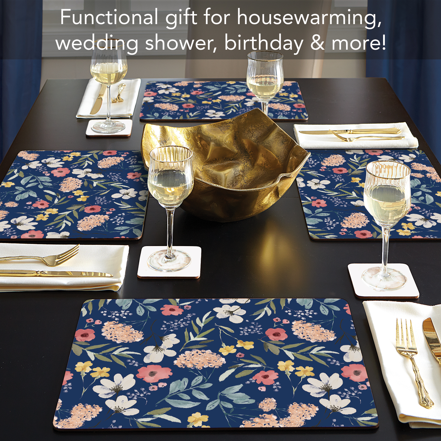 CounterArt "Blue Meadow Floral" Hardboard Tabletop Placemats 4-Pack