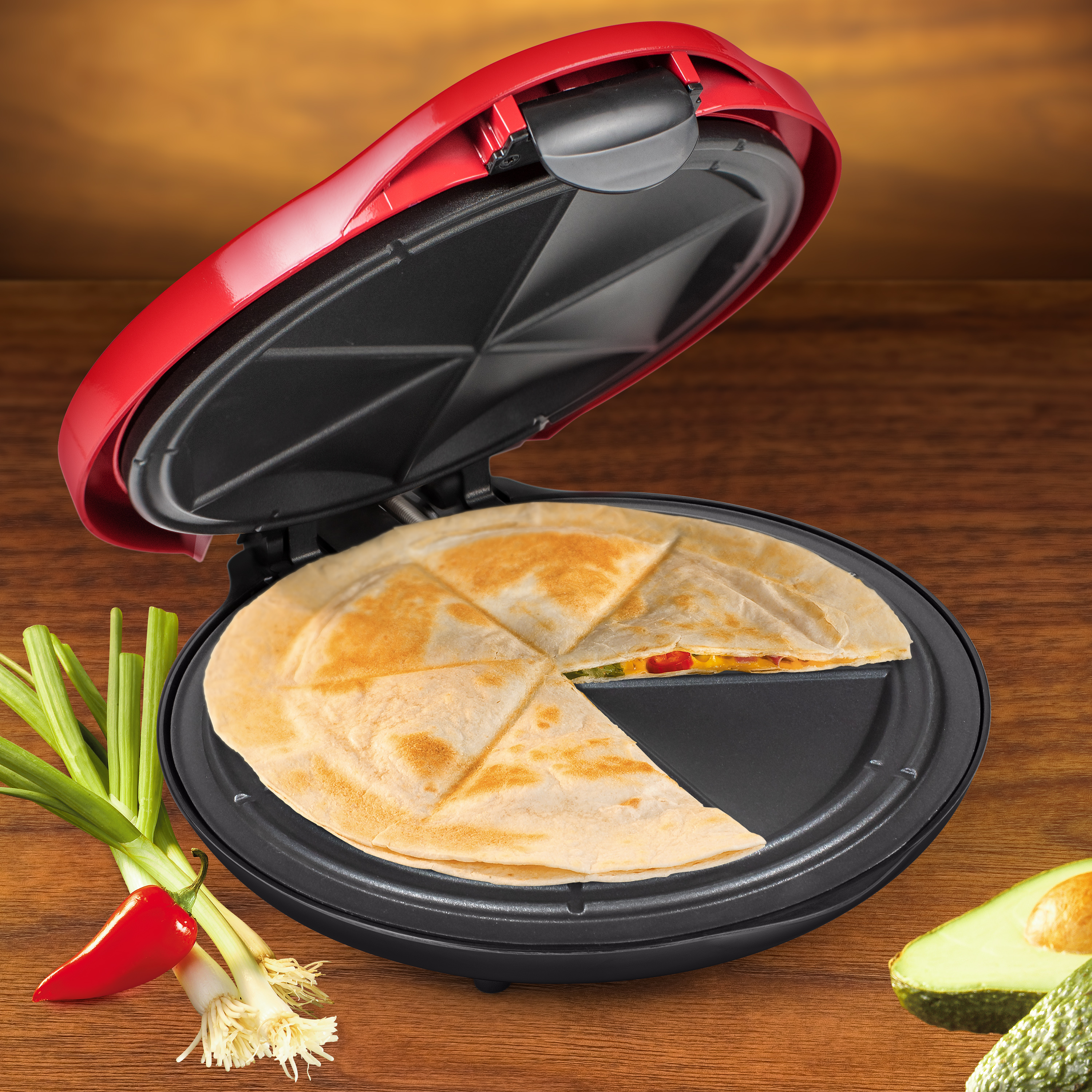 Taco Tuesday 6-Wedge Electric Quesadilla Maker with Extra Stuffing Latch, Red 10” - image 5 of 6