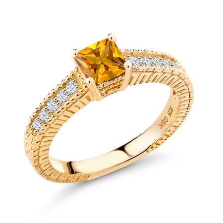 Gem Stone King 0.75 Ct Princess Cut Yellow Citrine White Created Sapphire 18K Yellow Gold Plated Silver Ring (Size 8)