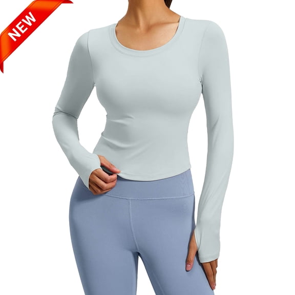 GIRLQUEEN Womens Cropped Workout Long Sleeve Top with Thumb‑holes, U‑Neck Slim Fit Yoga Shirt for Gym & Running
