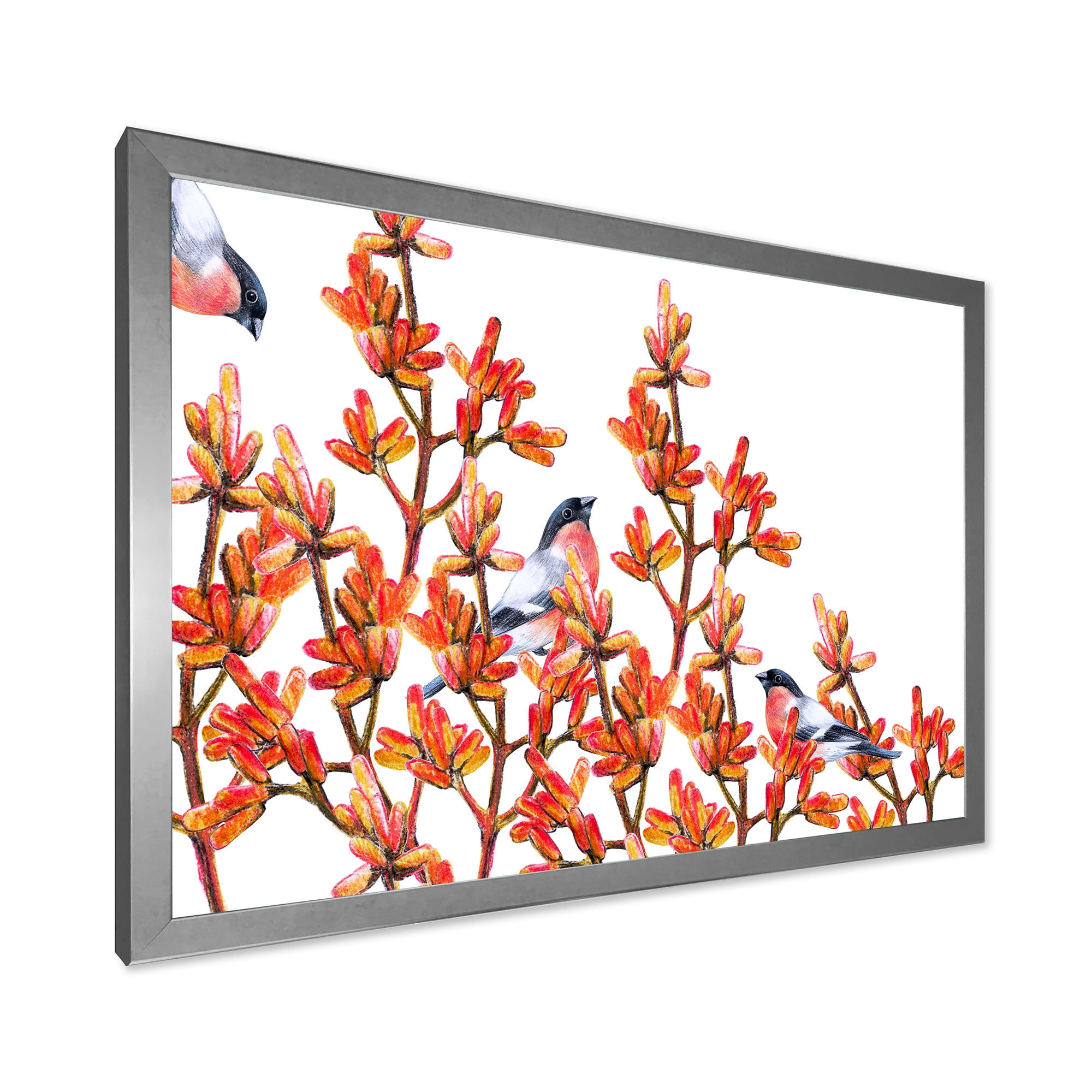 Designart 'Flock of Bullfinches Birds Sitting on Orange Branches' Traditional Framed Art Print