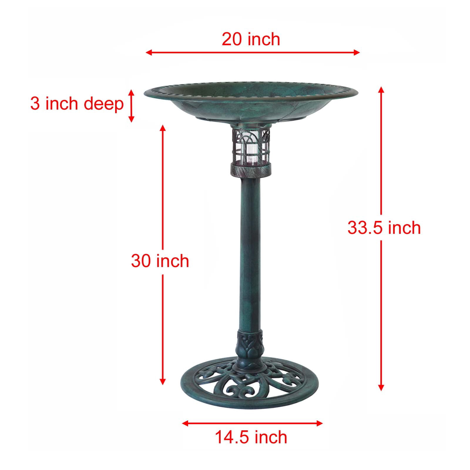 Westcharm 34 Inch Solar Powered LED Lighted Birdbath Poly Resin Bird Bath for Outdoors Yard Outside Outdoor Garden Decoration Pedestal Base Stand - Verdigris Green Solar Bird Bath