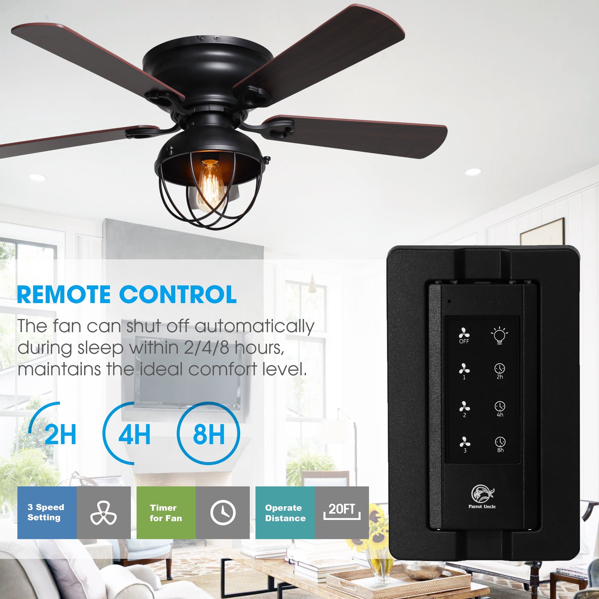 42" Modern Farmhouse Black Caged Flush Mount Ceiling Fan with Light and Remote Control