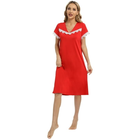 

Women s Nightgown Short Sleeve Lace V Neck Nightdress Palace Style Soft Mid-Length Nightshirt Loose Casual Sleep Dress Cozy Lounge Dress S-2XL