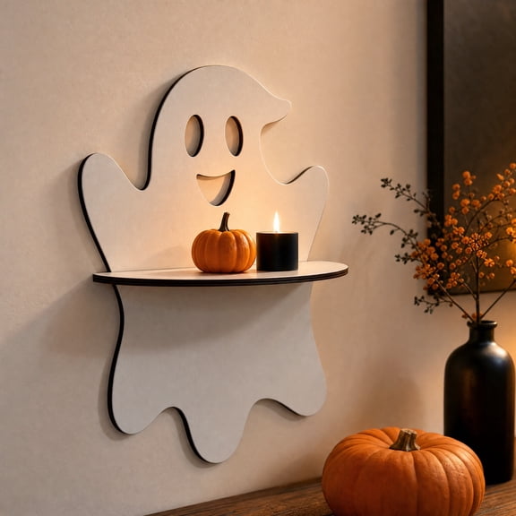 QLUEWX Halloween Wooden Wall Shelf, Ghost & Spiderweb Shaped Cutout Floating Wall Mounted Display Shelf for Holiday Home Decor