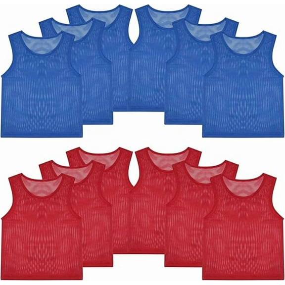 Duslogis 12 Pcs Pinnies Scrimmage Vests Sports Team Mesh Practice Jersey for Youth Kids Basketball Football Soccer, Red&Blue (Child)