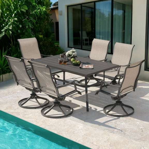 Nuu Garden 7-Piece Outdoor Dining Set for 6, 61'' x 37'' Rectangle Metal Table with Umbrella Hole & 6PCS Textilene Swivel Chairs, All-Weather Patio Outdoor Furniture, Gray and Beige