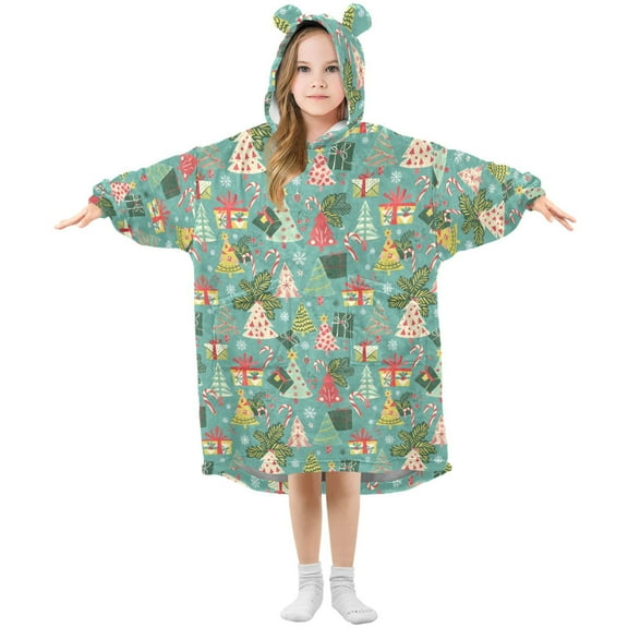 Wearable Blanket Hoodie for Kids Christmas Decorated Christmas Tree Flannel Hooded Blanket with Pockets and Sleeves Suitable for Boys and Girls