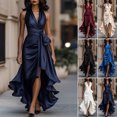 thumbnail image 2 of Quixlent Women Ruffle Satin High Low Prom Dress Sleeveless V Neck Halter Tie Waist Midi Dress Wedding Guest Party Cocktail Dress, 2 of 8