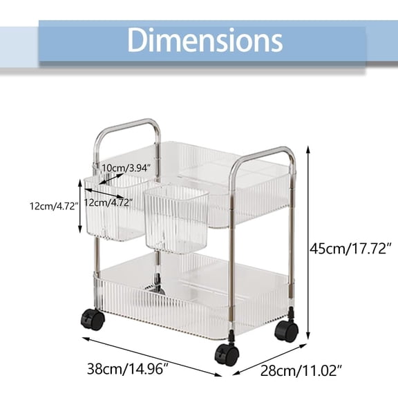 2-Tier Utility Rolling Cart with Wheels, Under Desk Storage Organizer with Hanging Baskets for Home Office Kitchen