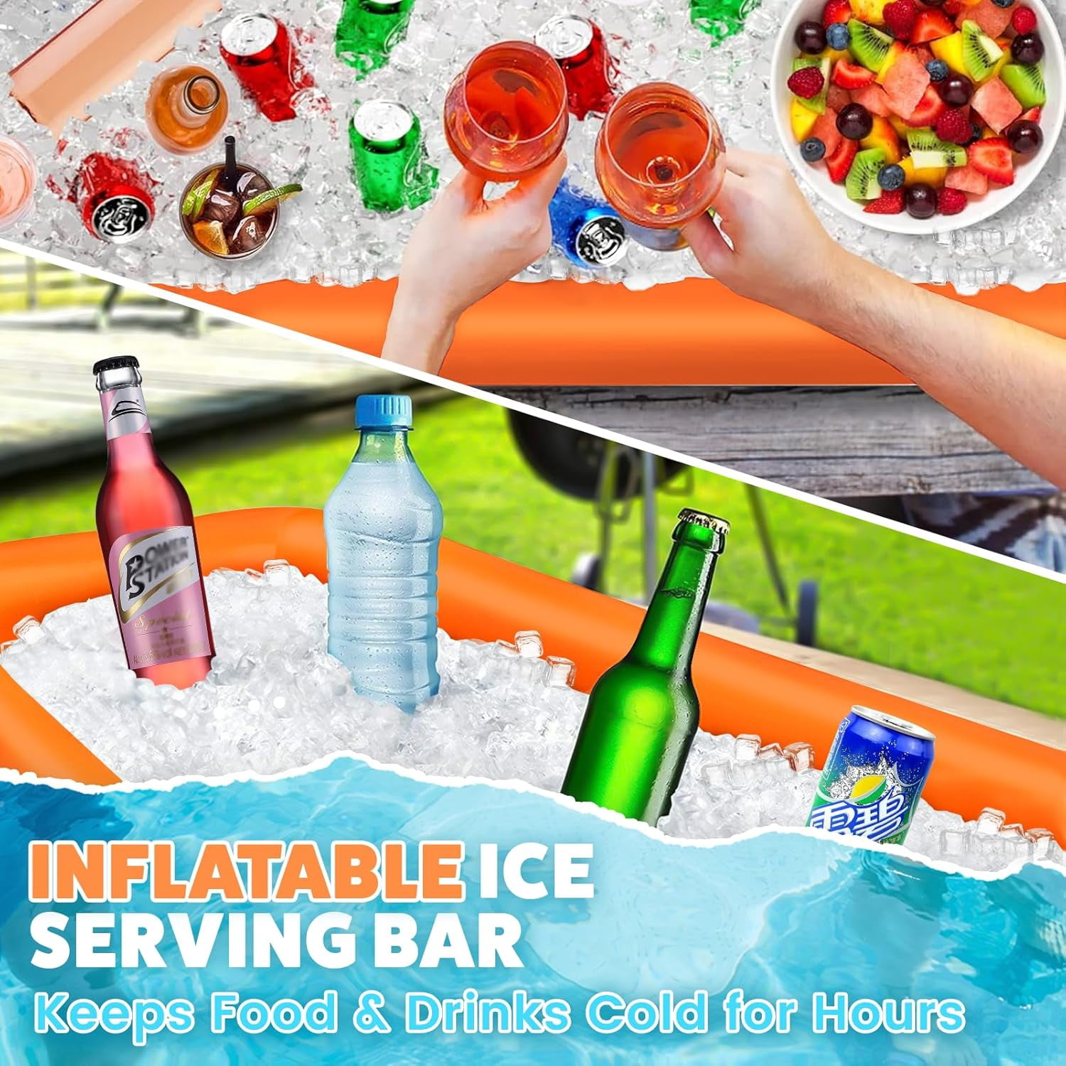 Large Inflatable Ice Serving Bar for Food, Drinks, Salad, Floating Buffet Cooler Tray with Drain Plug for Pool Party, BBQ, Picnic, Camping, Beach, and Outdoor Supplies