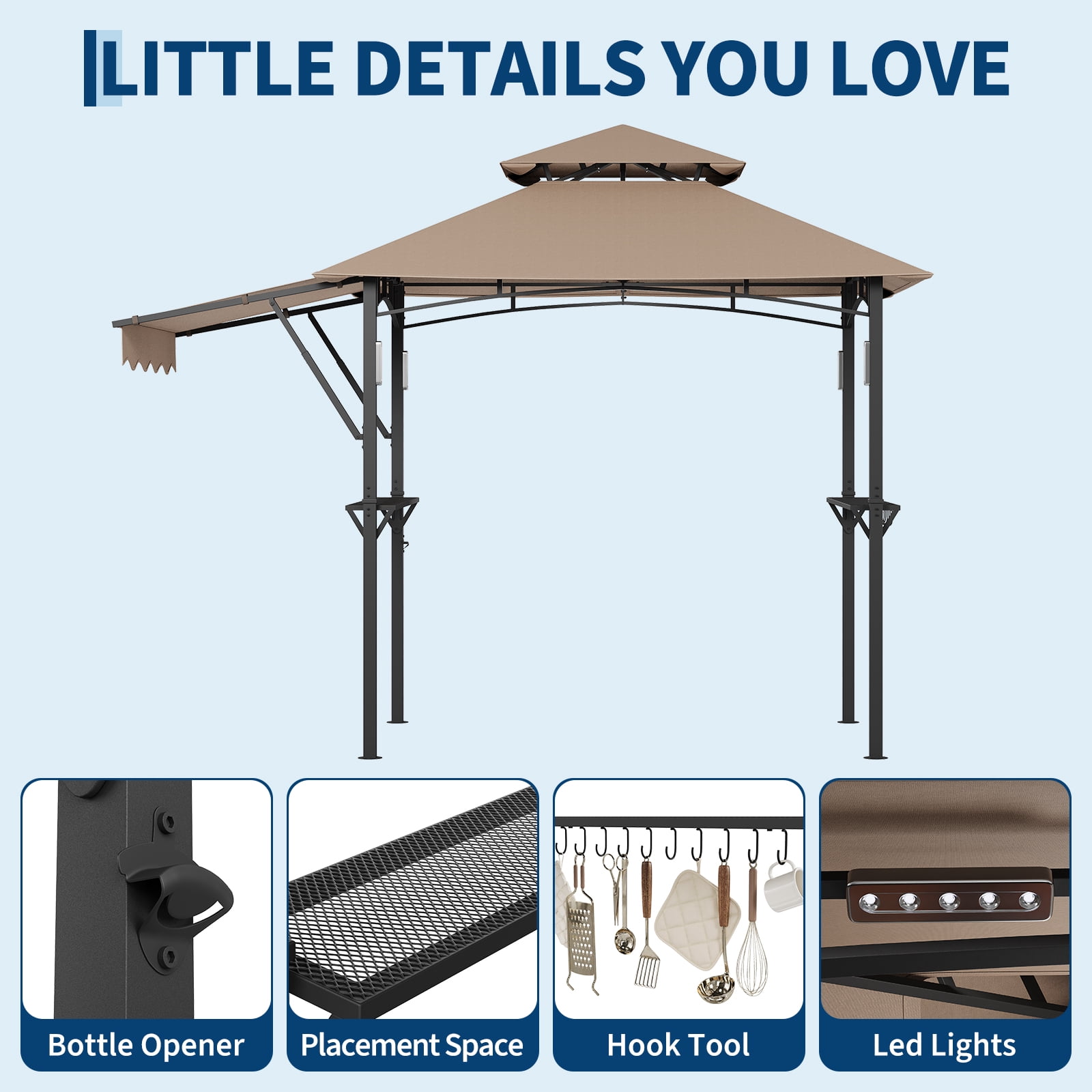 8 x 5 ft Grill Gazebo for Outdoor BBQ Double Tiered Soft Top Garden Tent with Shelves Hooks and Sunshade Side Awning for Backyard Patio Party Wine Red/Grey/Khaki/Coffee