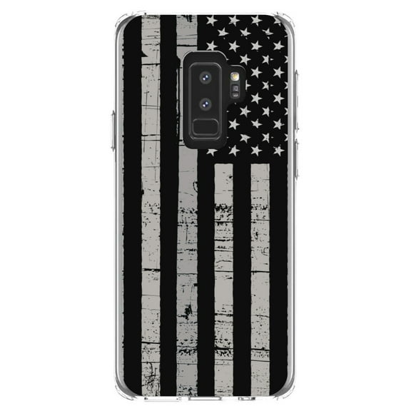 DistinctInk Clear Shockproof Hybrid Case for Samsung Galaxy S9 PLUS (6.2" Screen) - TPU Bumper, Acrylic Back, Tempered Glass Screen Protector - Black Grey US Flag United States - America