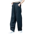 thumbnail image 2 of sunsanly Women Trousers Solid Color Elastic Waist Loose-fitting Retro with Pocket Decorative Cotton Hemp Summer Women Loose Wide-leg Pants for Women, 2 of 8