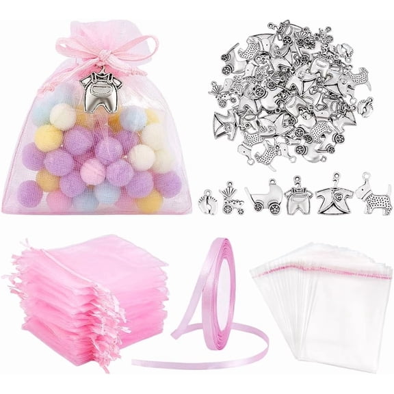 Silver PH 60 Sets Party Return Gifts Baby Shower Favors Baptism Favors Party Souvenirs Organza Gift Bags Clear Bags with Charms Satin Ribbon for Weddings Anniversary Birthday Party Supplies