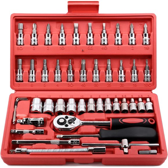 Egofine 46 Pieces 1/4 inch Drive Socket Ratchet Wrench Set, with Bit Socket Set Metric and Extension Bar for Auto Repairing and Household,