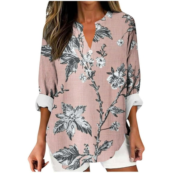 FamilyThread Women's Button Up Shirts Long Sleeve Cotton V Neck Flower Graphic Tops Casual Summer Loose Blouse Shirt Top