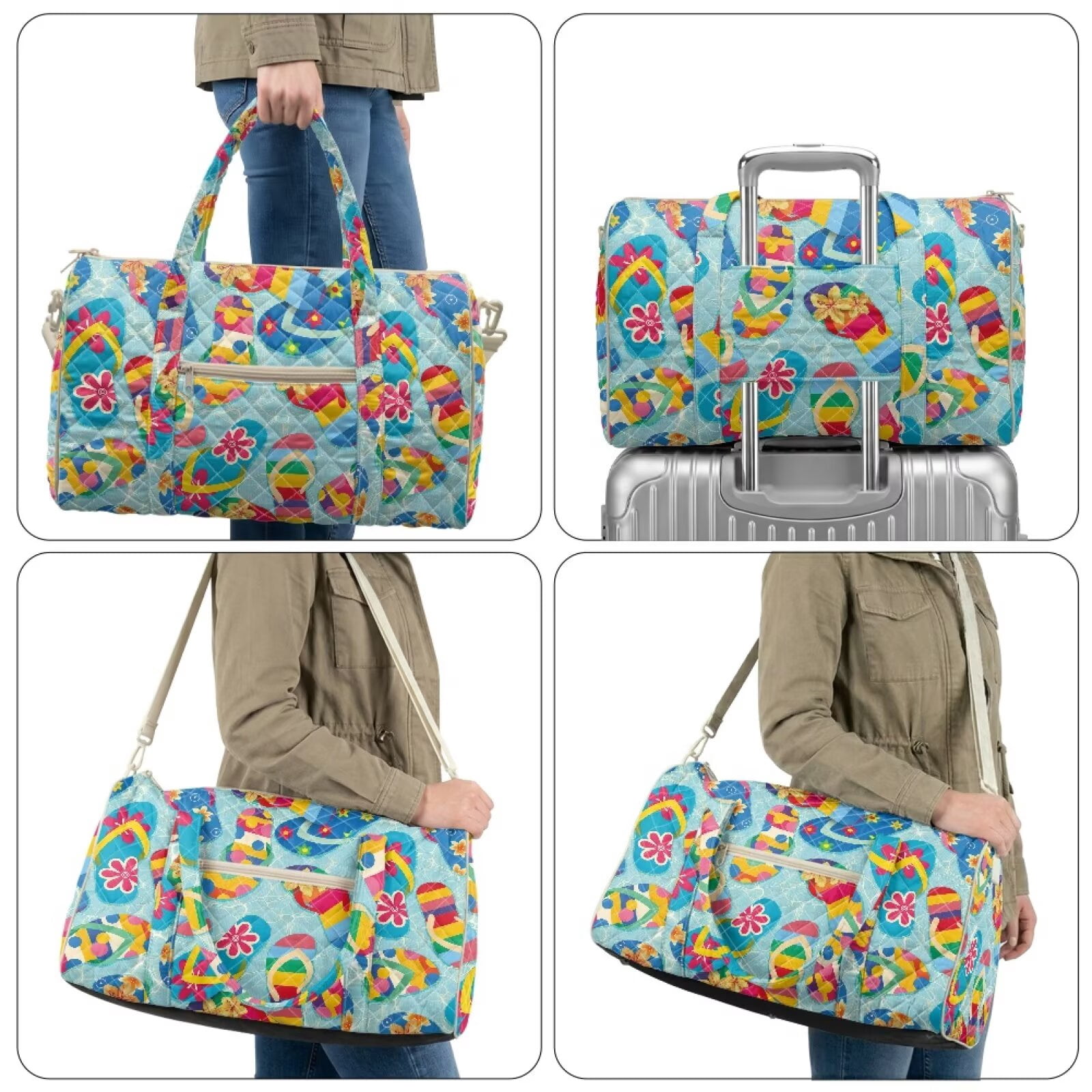 Pzuqiu Large Quilted Weekender Bag for Women Colorful Flower Lightweight Puffy Travel Duffle Carry On Tote with Adjustable Shoulder Strap for Gym, Overnight Trips Vintage Handbags