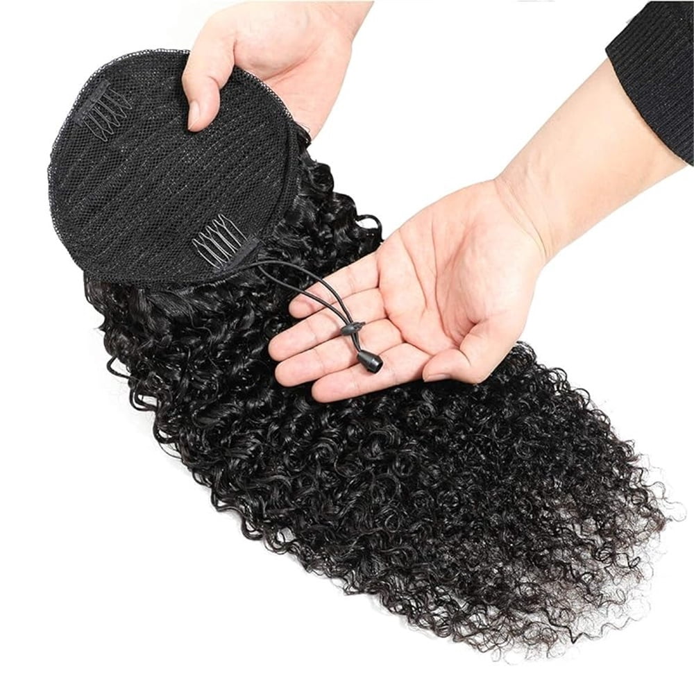 Deep Wave Ponytail Extensions for Black Women Human Hair Drawstring Pony Tail Natural Black Clip in Curly Hair Piece