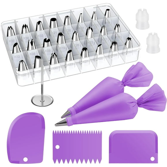 G Need Purple-Kootek 32 Piece Piping Bags and Tips Set with 24 Piping Tips, 2 x 12 Inch Reusable Piping Bags, Reusable Piping Bags and Tips, Cake Decorating Kit