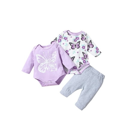 

Canrulo 3Pcs Newborn Baby Girl Long Sleeve Flowers Print Romper Tops+Pants Casual Outfits Purple 18-24 Months
