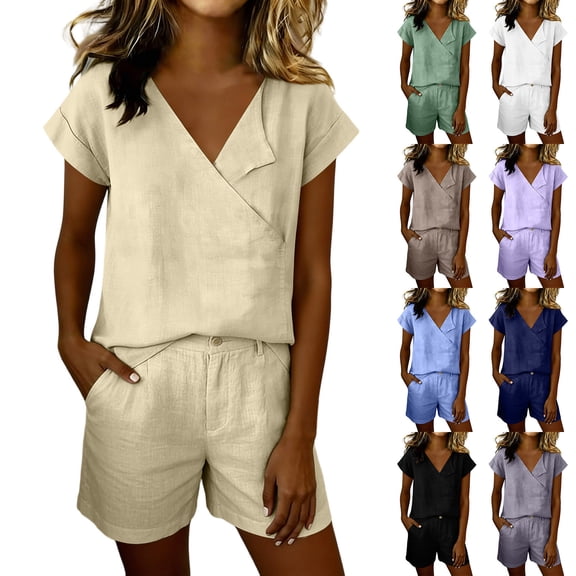 Hvogkswy Women Two Piece Linen Sets, Solid Color Short Sleeve V-Neck Tops and Button Waist Shorts with Pockets Lightweight Breathable Beach Vacation Summer Casual Set