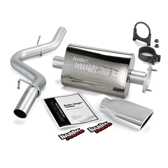 Fits 2000-2003 Jeep Wrangler TJ Banks Power Exhaust System Kit 51313 Monster Cat Back System; Stainless Steel; With Muffler; 2-1/2 Inch Pipe Diameter; Single Exhaust With Single Exit; Rear Exit