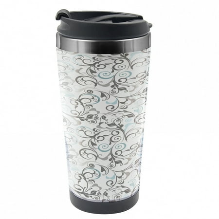 

Floral Travel Mug Damask Antique Curls Steel Thermal Cup 16 oz by Ambesonne