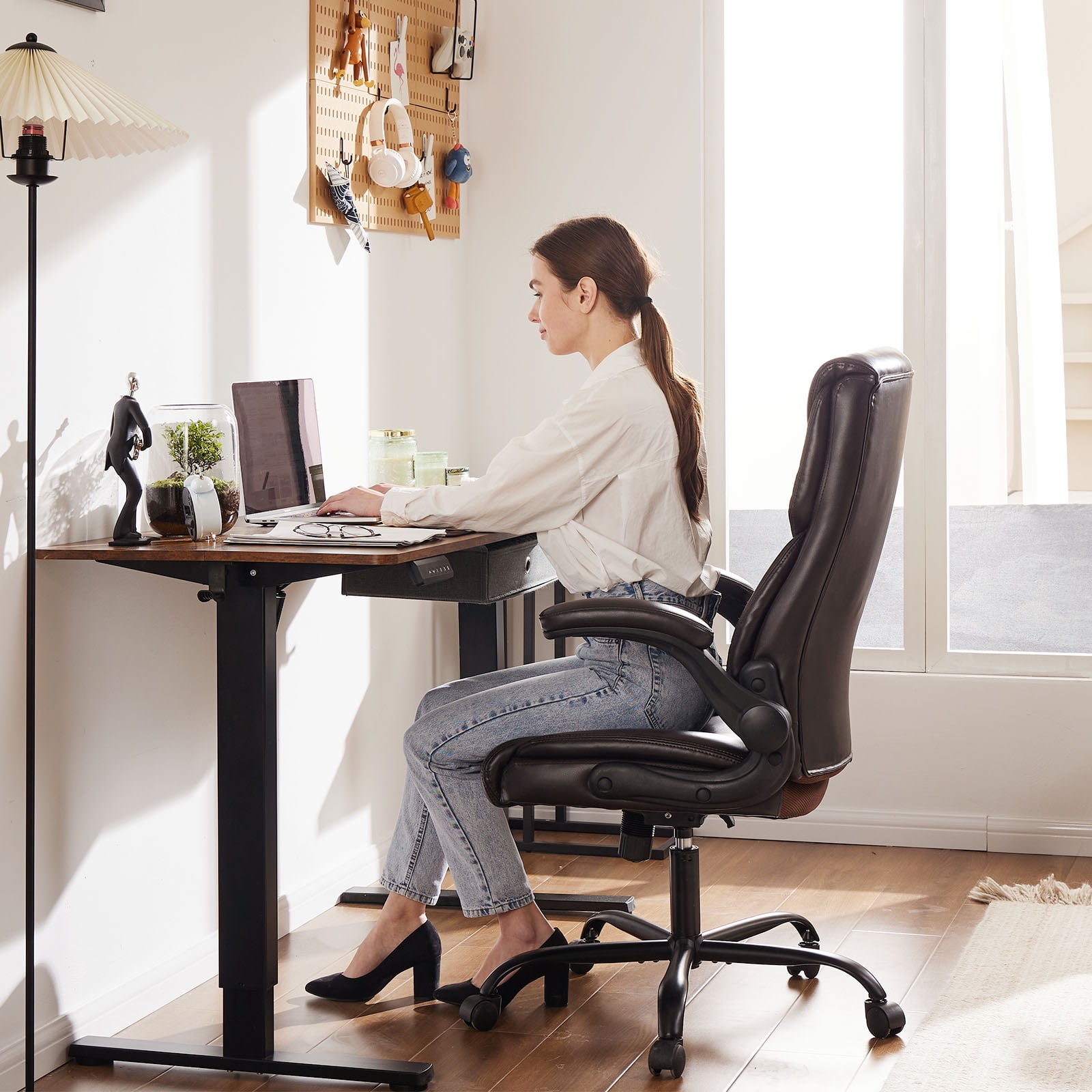 Yoyomax Office Chair, Ergonomic Executive Computer Desk Chairs with Adjustable Flip-up Armrest, Swivel Task Chair with Lumbar Support, Strong Metal Base, PU Leather