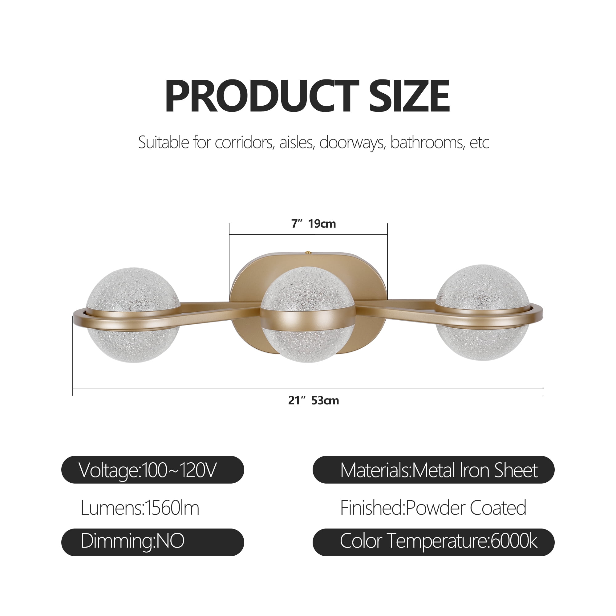 21 Inch LED Bathroom Vanity Light, Modern 3-Light Dimmable Wall Sconce with Globe Shades, Bronze Finish