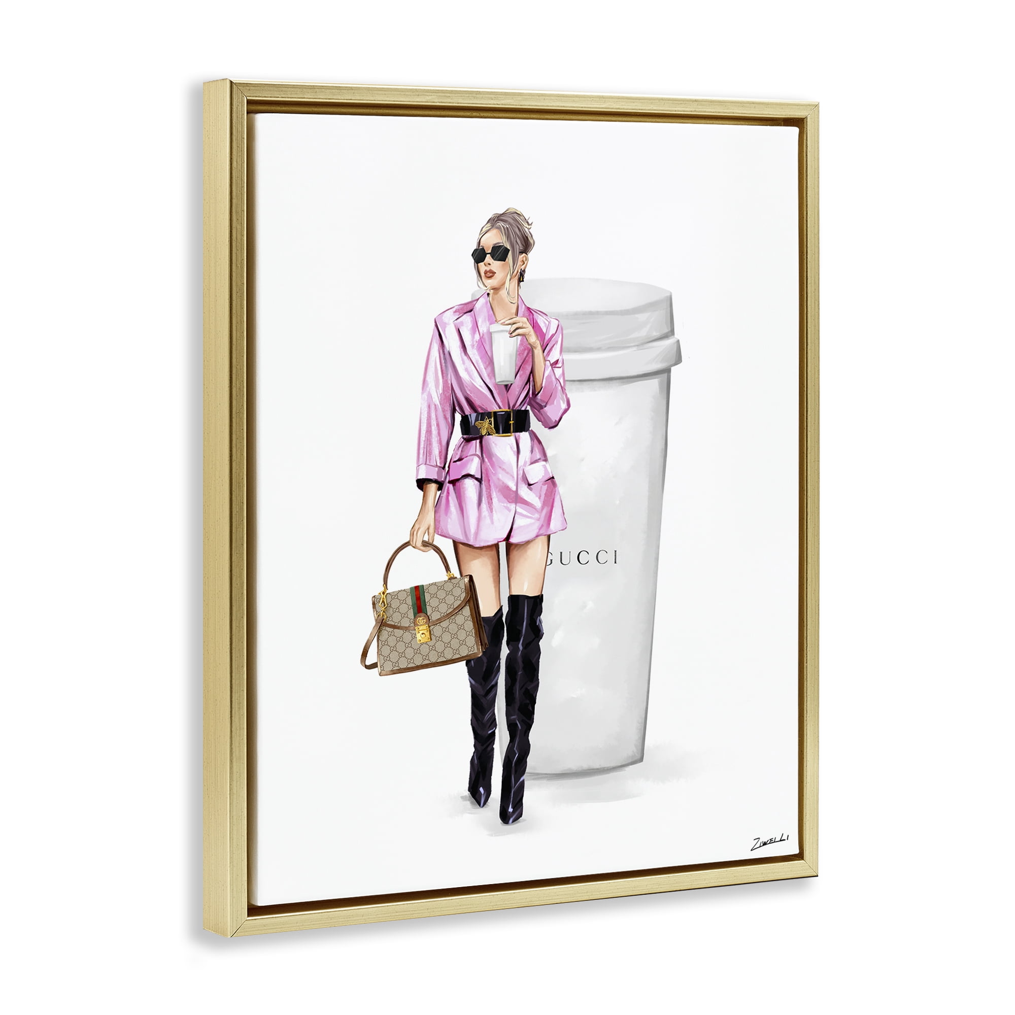 Stupell Industries Glam Woman with Coffee People Painting Gold Floater Framed Canvas Art Print Wall Art, 17 x 21