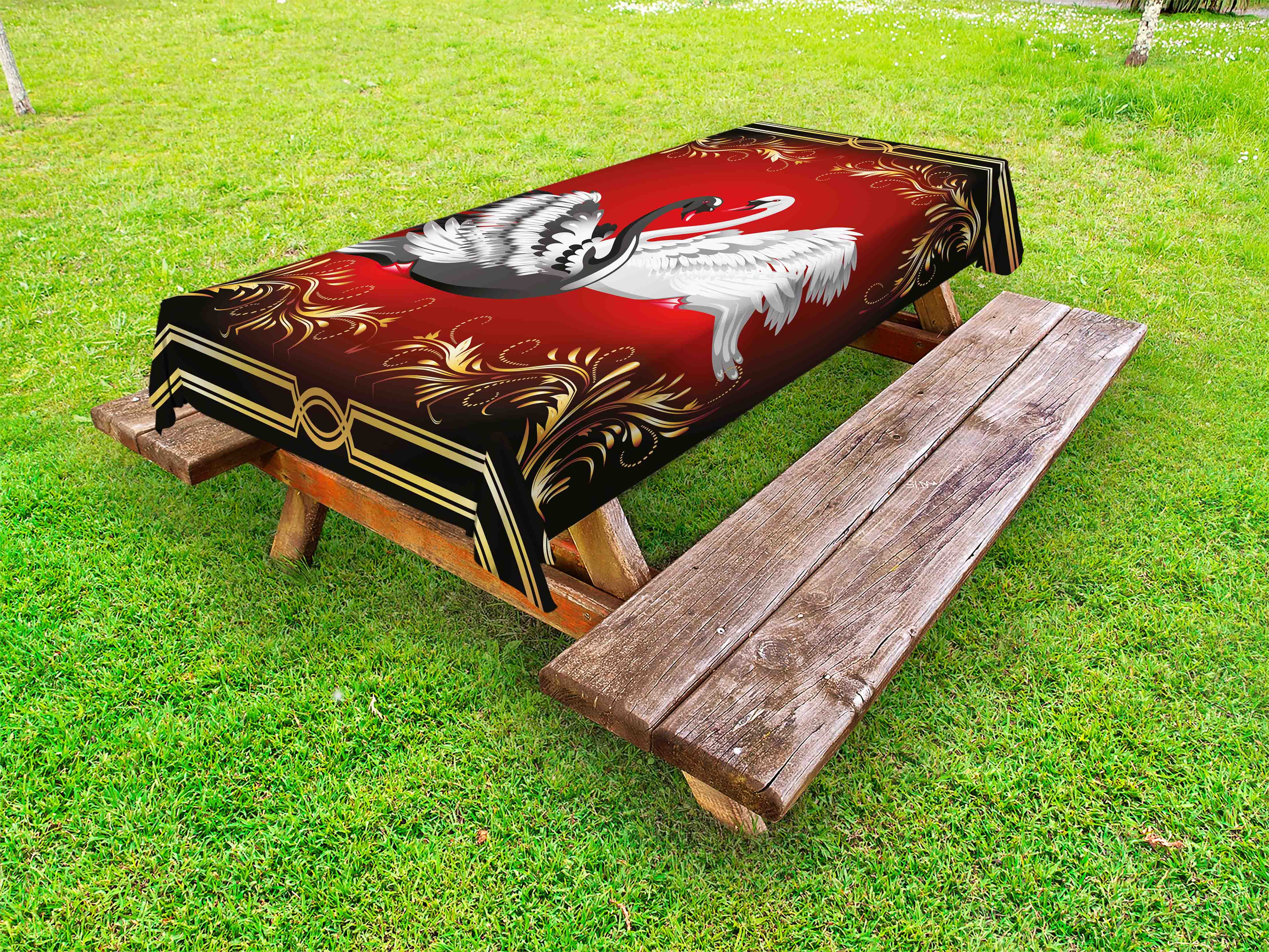 Animal Outdoor Tablecloth, Black and White Swan Couple Ornamental