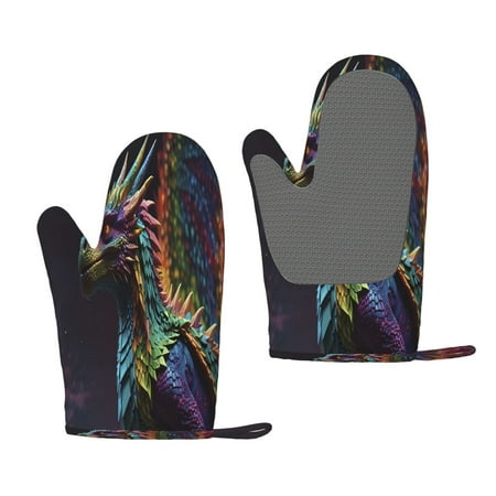 

Zufioo Dragon with Colorful Tail Print Silicone Anti-Scalding Gloves Kitchen Hanging Rope Gloves Kitchen Utensils Suitable for Barbecue Baking Cooking