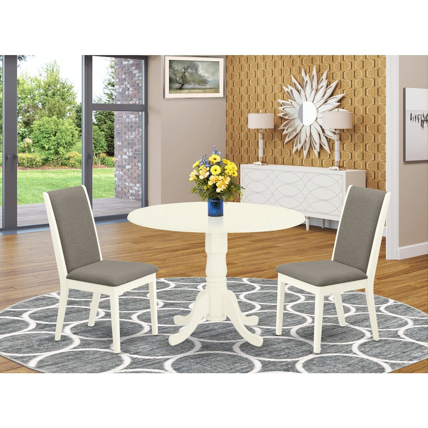 Round Kitchen Dining Table Set - 3 Piece Table & Chairs - Linen White Modern Design